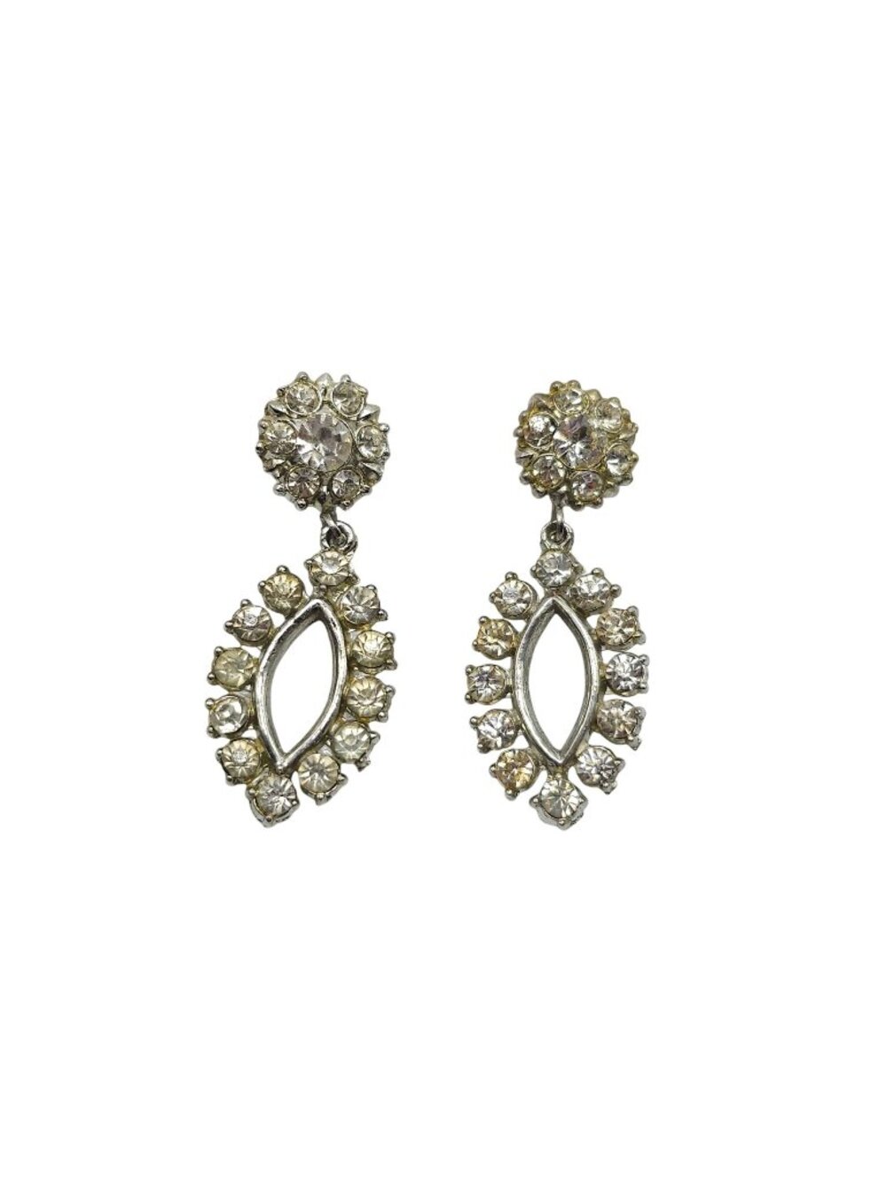 Vintage Rhinestone Clip On Drop Earrings Openwork Marquise Silver-Tone